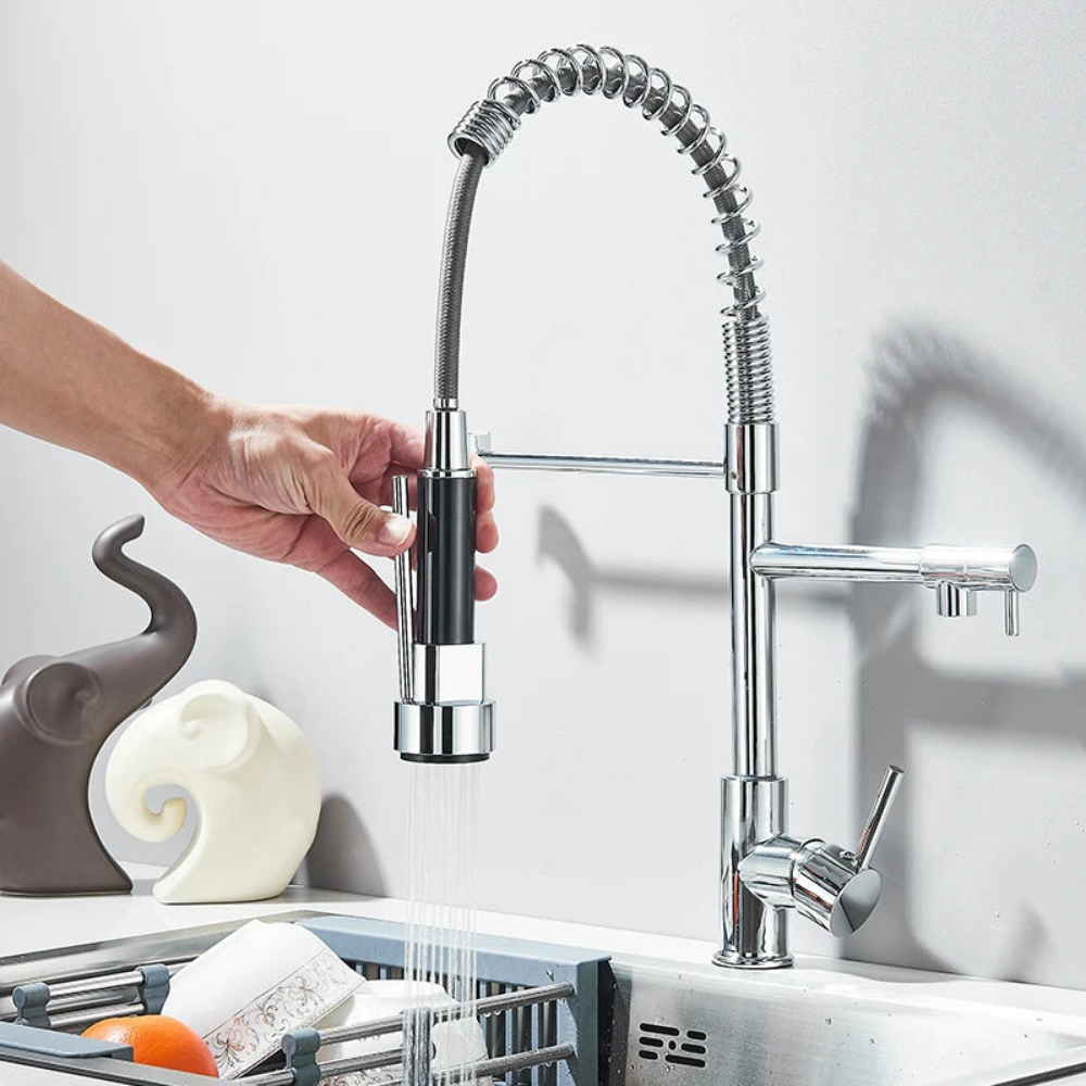 Robinet de cuisine extensible chromé à bec orientable, eau chaude et froide, douchette flexible, mitigeur de cuisine | Sansoti
