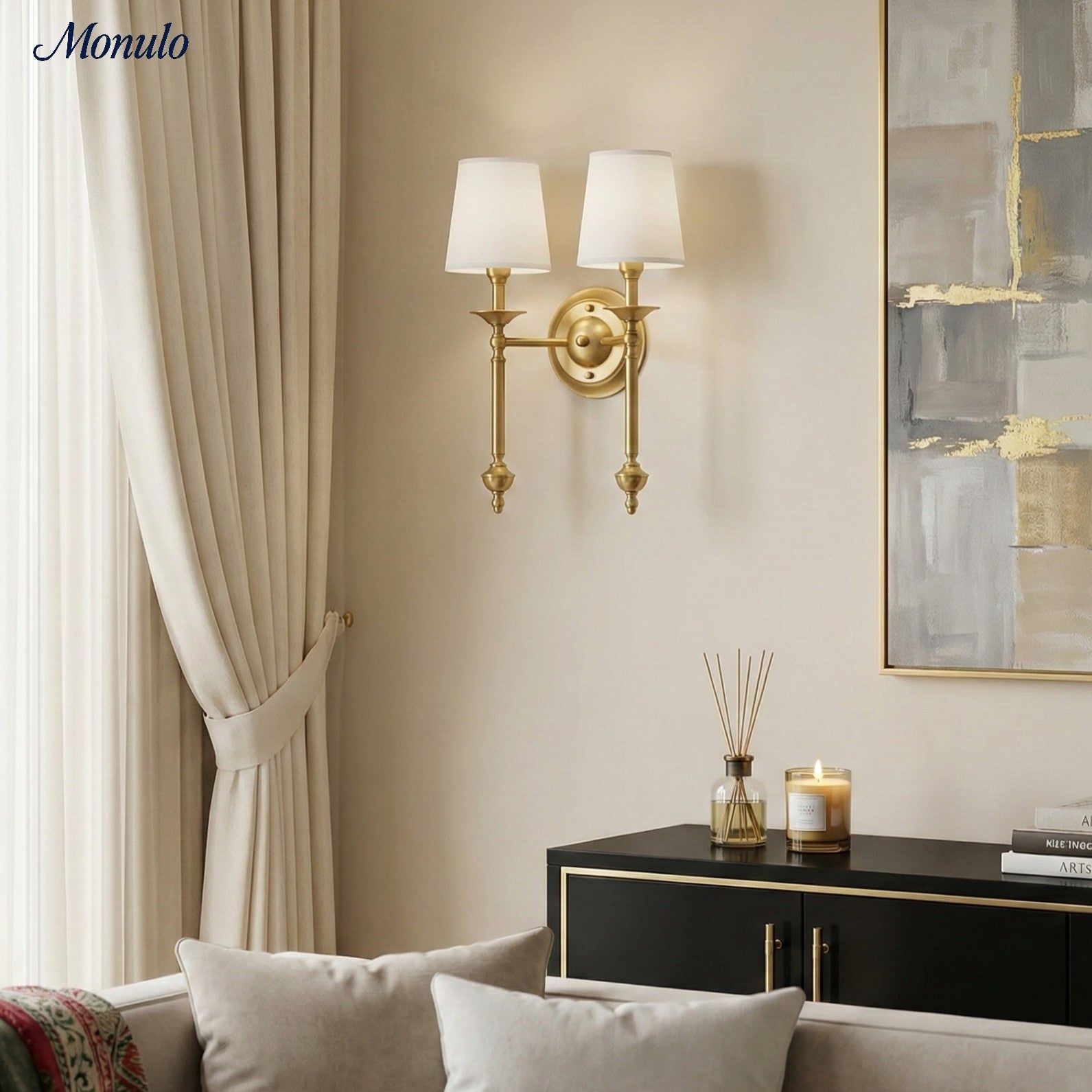 Stoffen Wandlamp met Vintage Koperen Afwerking – Sfeervolle Verlichting voor Hal, Slaapkamer en Woonkamer | Sansoti