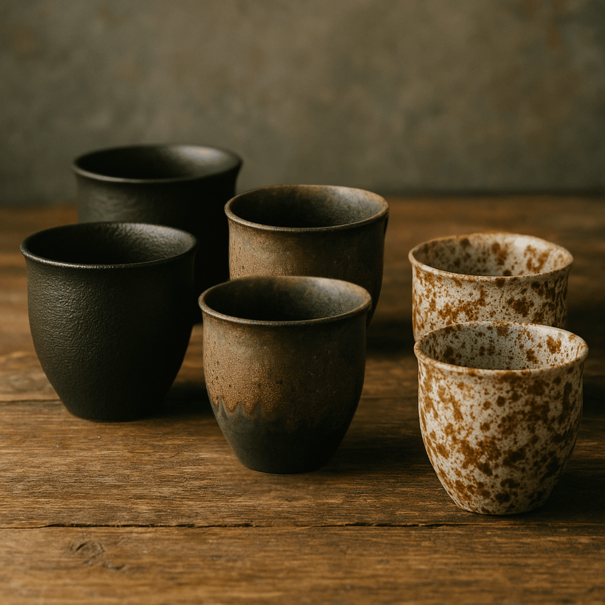Service à café en céramique fait main, 6 pièces, tons terre, texture naturelle, tasses à espresso et mugs | Sansoti