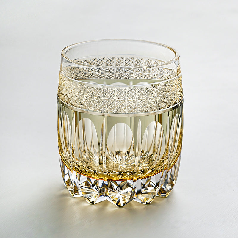 Handgeslepen Amber Whiskeyglas met Sterrenhemel Patroon en Houten Doos | Sansoti