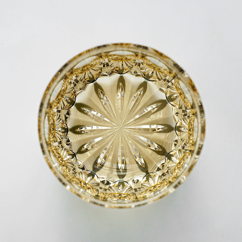 Handgeslepen Amber Whiskeyglas met Sterrenhemel Patroon en Houten Doos | Sansoti