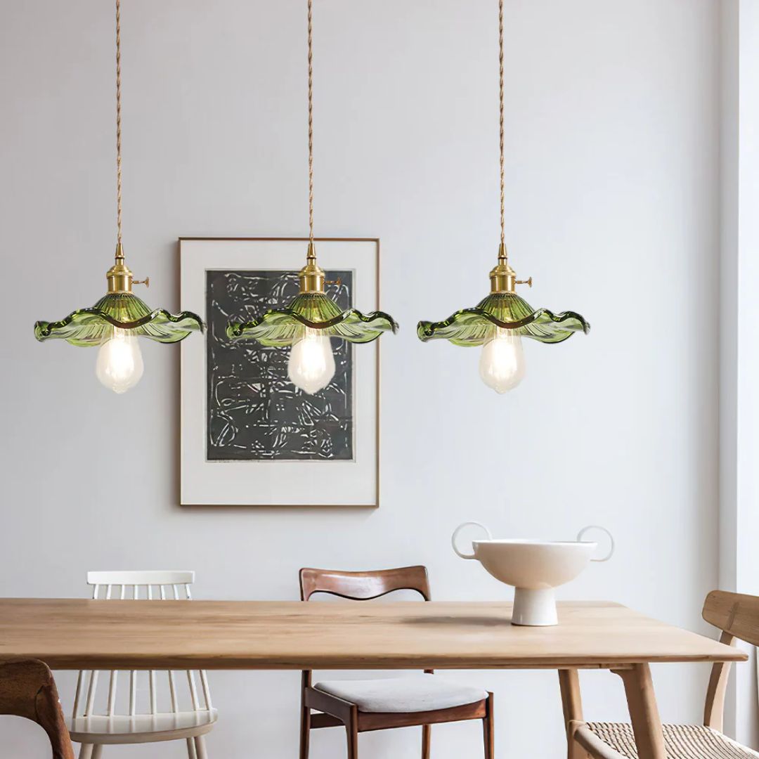 Hängelampe Glas E27 23cm Grün Messing Blumenform Esstisch Schlafzimmer Retro Beleuchtung Vintage Hängelampe | Restfield
