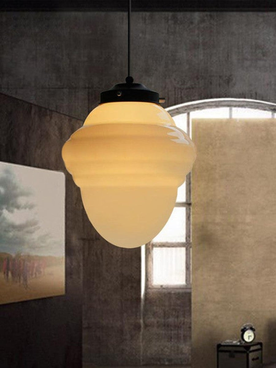 Vintage Art Deco Melkglas Hanglamp met Gestreepte Kap voor Eetkamer en Woonruimte | Sansoti