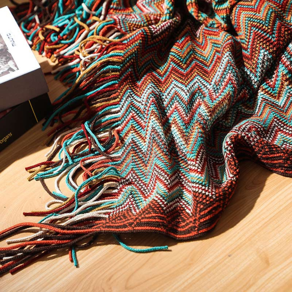 Knitted Throw with Zigzag Fringes – Soft Crochet Blanket for Sofa and Bed, All Seasons, Bohemian Style | Sansoti