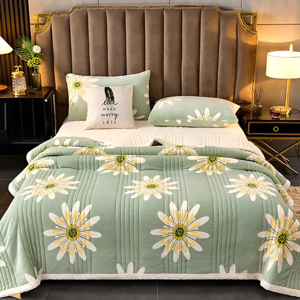 Doppelseitige Wohndecke mit Gänseblümchenmuster, Samt und Sherpa, 180x200 200x230, weiche warme saisonale Decke, Wohnzimmer | Sansoti