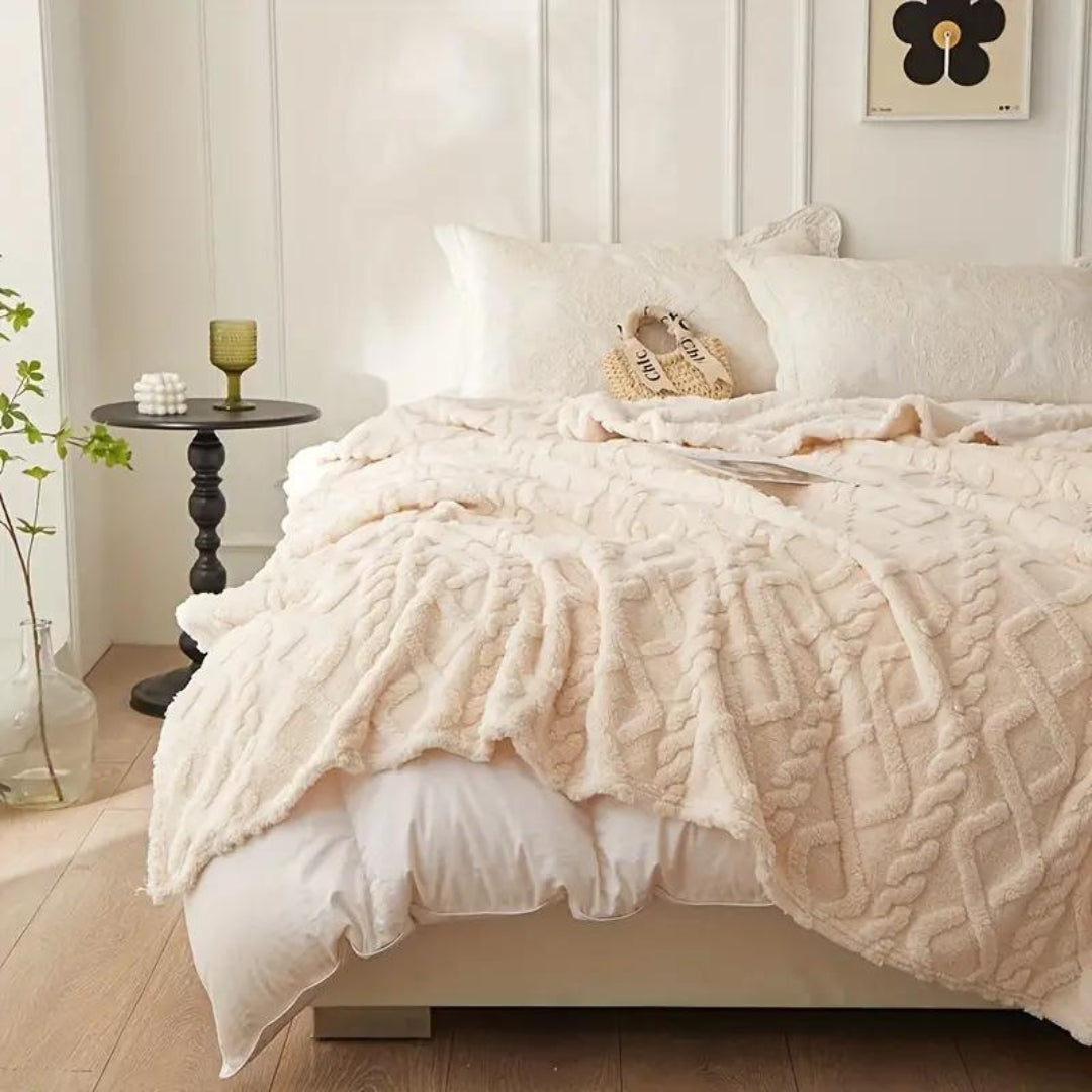 Wolkenplaid aus Fleece, 3D-Struktur, gestrickte Vier-Jahreszeiten-Kuscheldecke für Sofa und Bett, Elfenbein, Beige, Braun, Schwarz | Sansoti