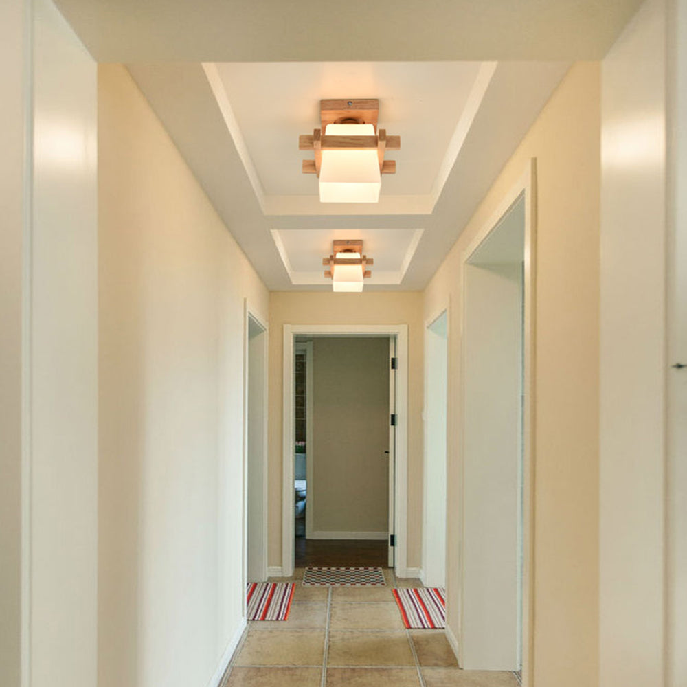 Plafonnier LED bois E27 blanc Japandi hall chambre salon 20 cm plafonnier carré style japonais | Restfield
