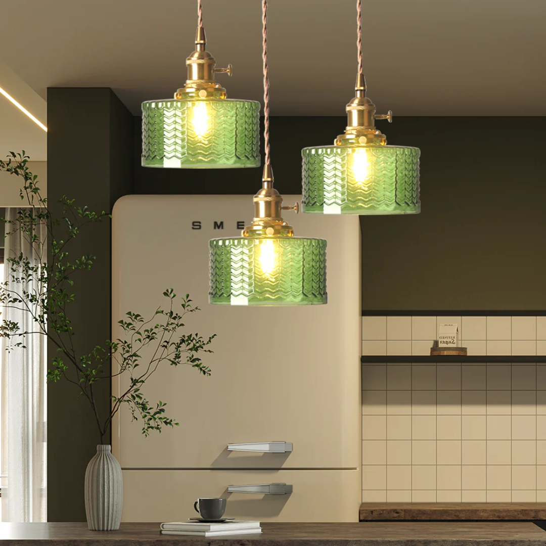 Quilivon Hanglamp Glas Messing Groen E27 Keuken Eettafel Retro Verlichting Geribbeld Glas Design | Sansoti