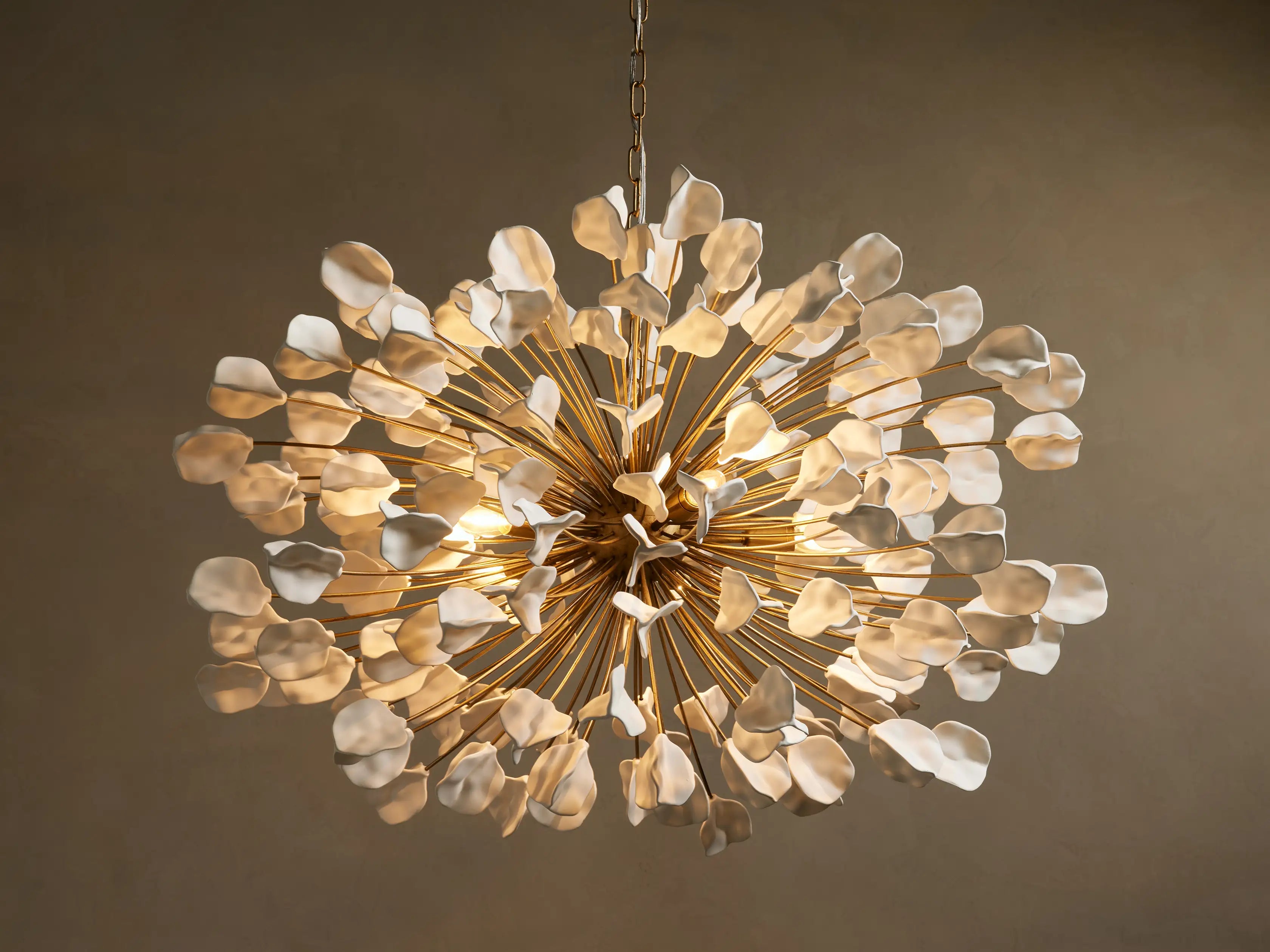 Keramische Kroonluchter met 160 Bladmotieven 106 cm Messing Ivoor Brons Ebben Woonkamer Eetkamer Plantinspiratie | Sansoti