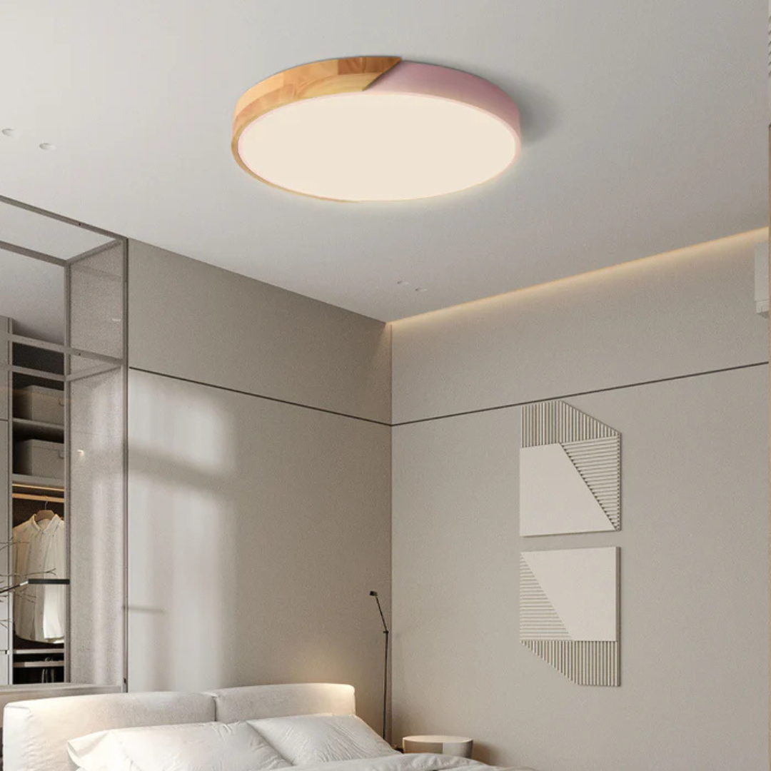 Skandinavische runde matte Holz-LED-Deckenleuchte mit Acrylschirm für Wohnzimmer, Schlafzimmer und Flur, stilvoll | Sansoti