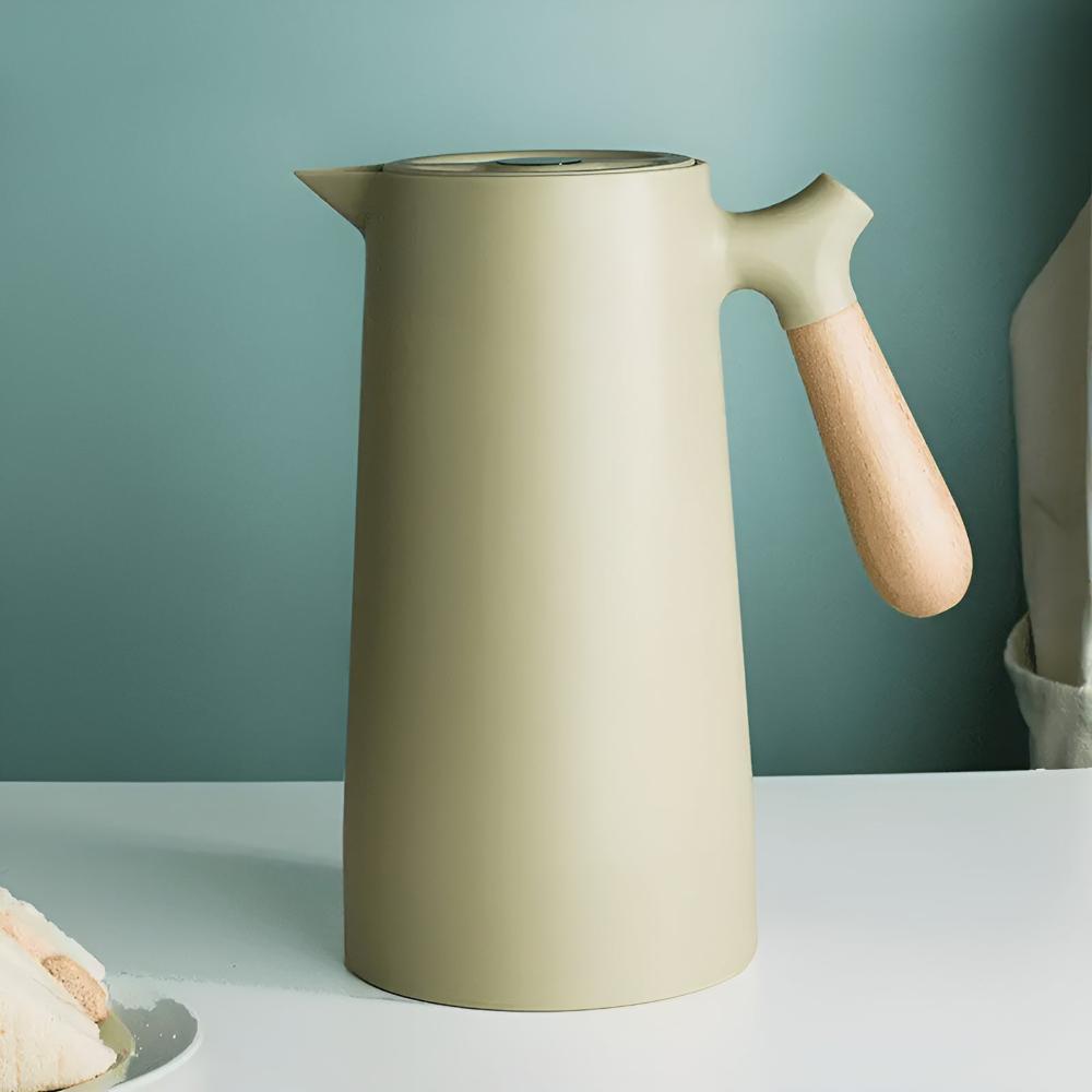 Thermoskan 1L RVS Houten Handvat Beige Keuken Koffie Thee Geïsoleerde Karaf Dubbelwandig Lekvrij Design Karaf Scandinavisch | Sansoti