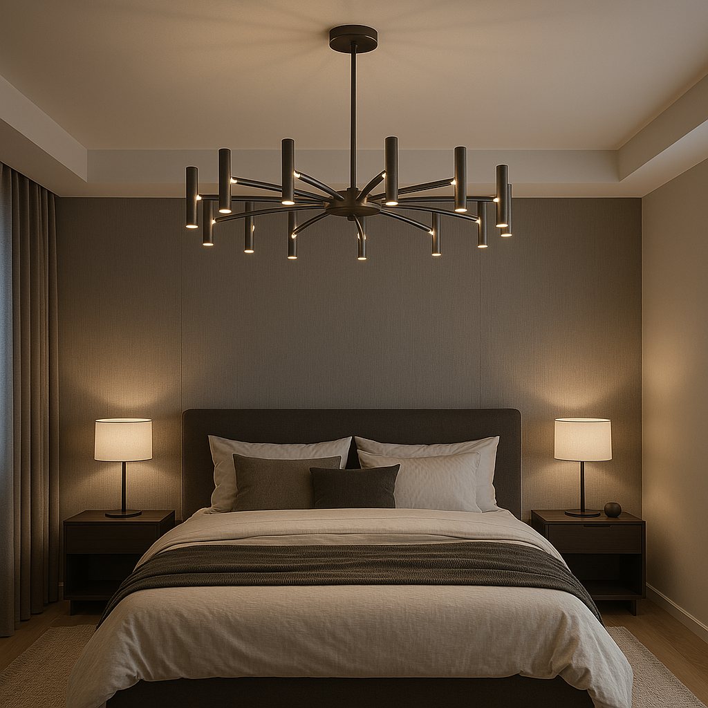 Lustre à 12 lampes, métal noir, 100 cm, pour la salle à manger, le salon et la chambre, suspension moderne avec éclairage LED | Sansoti