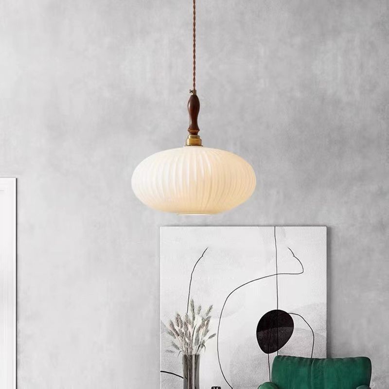 Hanglamp Glas Melkwit Koepelvorm Walnoot Hout 25cm Modern Klassiek Design Eetkamer Keuken Woonkamer Café | Sansoti