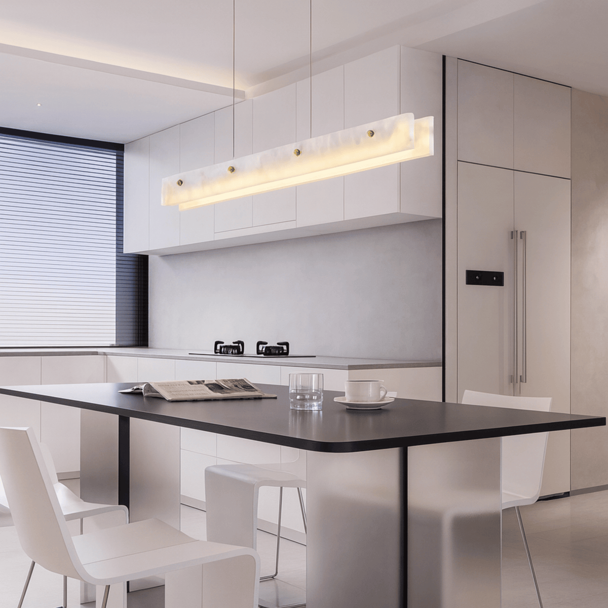 Lineare Pendelleuchte aus Marmor, goldfarbenes Design, Esszimmerleuchte aus Naturstein, LED-Beleuchtung für Kücheninsel und Esstisch | Sansoti