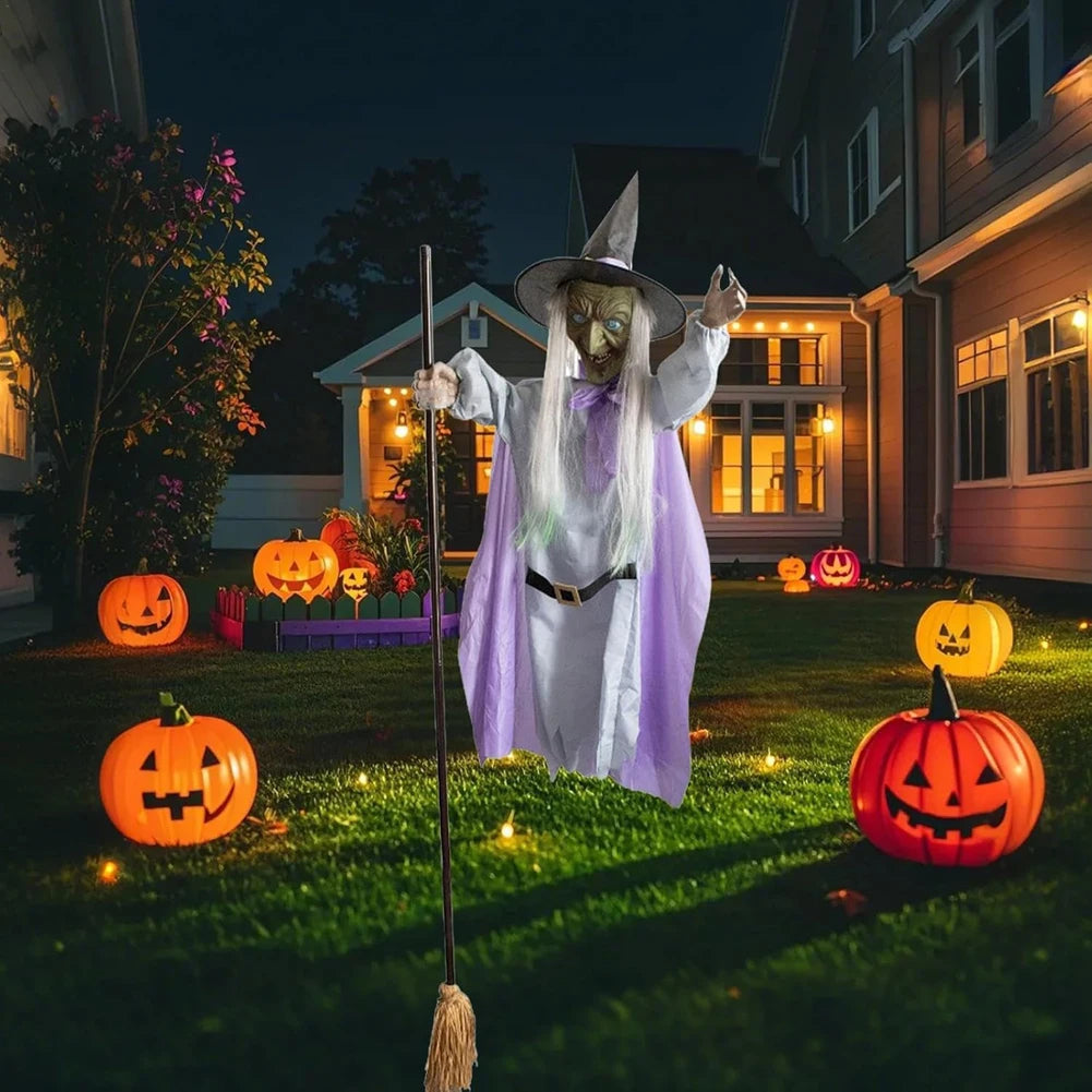 180cm Animatronic Witch on Broomstick Halloween Decoration with Glowing Eyes, Sound, Motion, Party Decoration | Sansoti