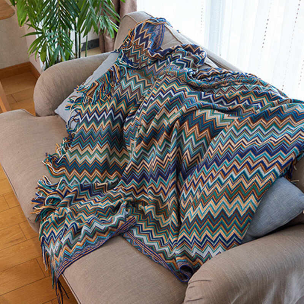Knitted Throw with Zigzag Fringes – Soft Crochet Blanket for Sofa and Bed, All Seasons, Bohemian Style | Sansoti