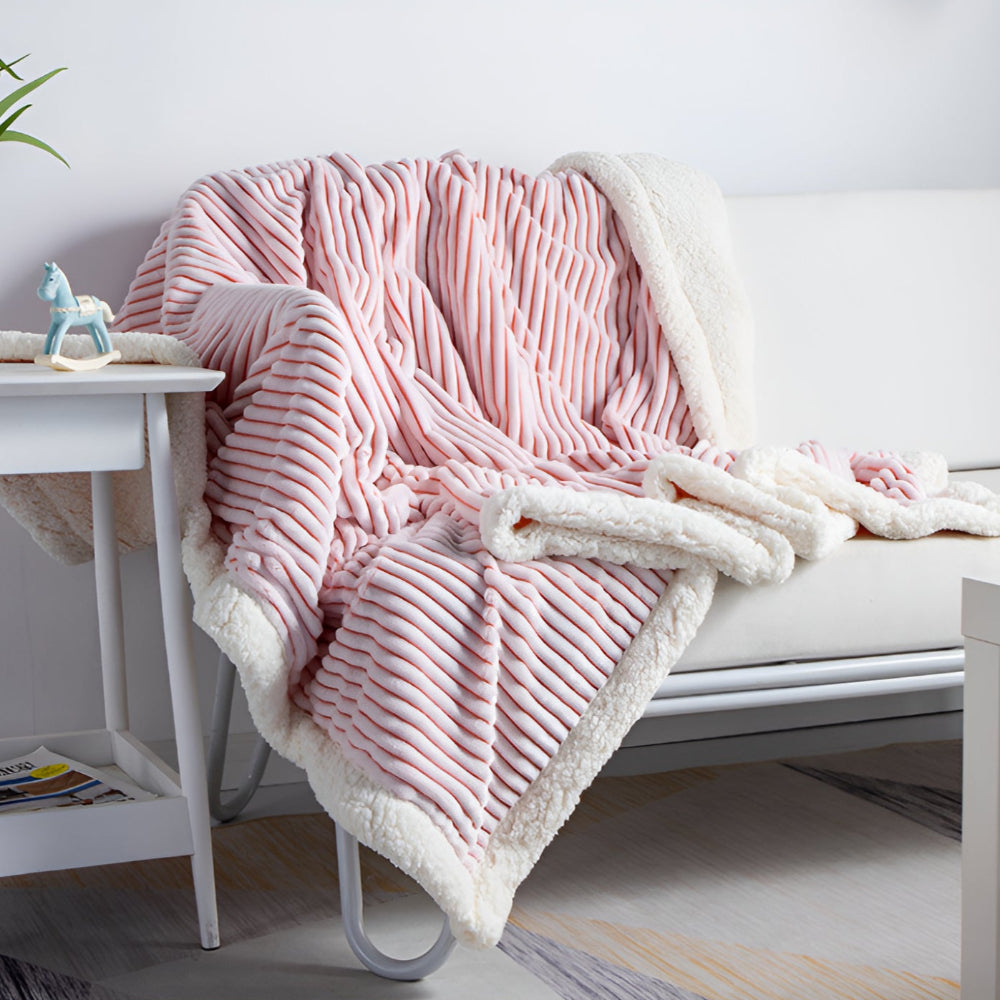 Double-Sided Sherpa Fleece Throw with Striped Pattern 150x200 cm Microfiber Blanket Warmth Soft Comfort Living Room | Sansoti