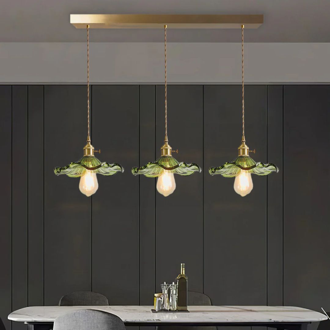 Hängelampe Glas E27 23cm Grün Messing Blumenform Esstisch Schlafzimmer Retro Beleuchtung Vintage Hängelampe | Restfield