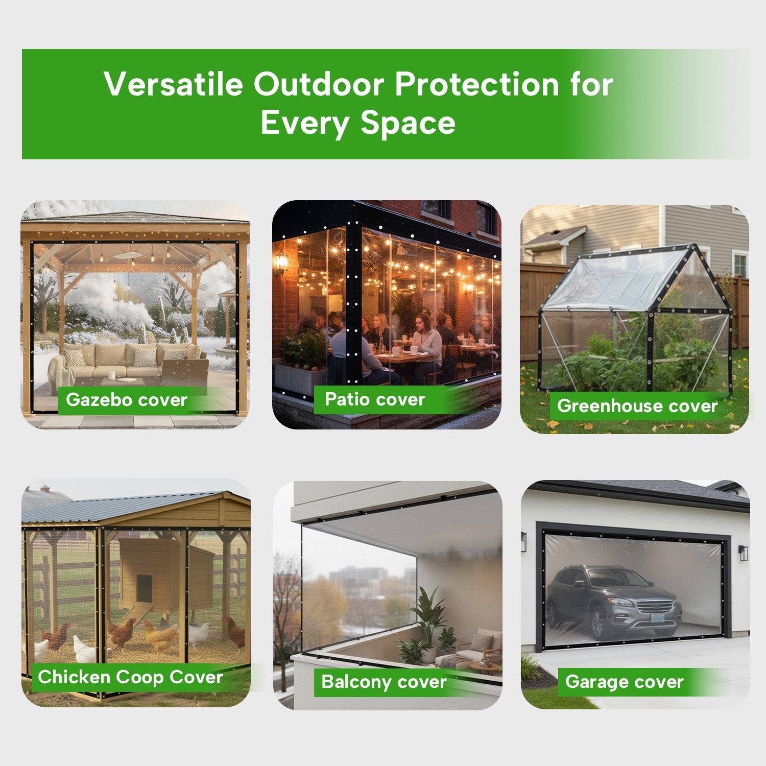Transparent PVC Terrace Screen 0.35mm Thick Waterproof Windproof with Eyelets | Cover for Canopy Gazebo Veranda | Sansoti