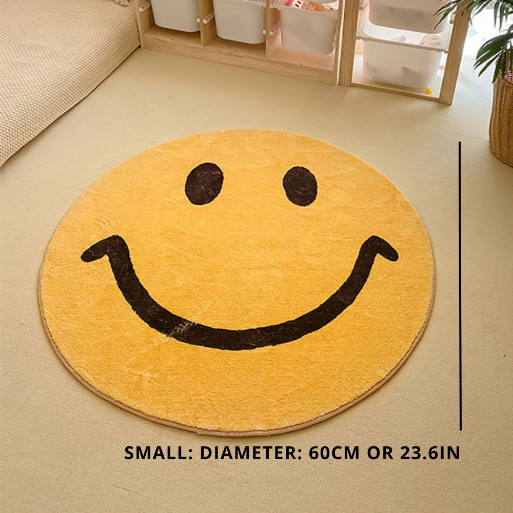 Rond Vloerkleed met Smiley Emoticon Geel Zacht Fleece 60-100 cm Speels Accent Kinderkamer Woonkamer Vrolijk | Sansoti