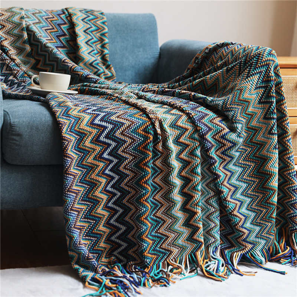 Knitted Throw with Zigzag Fringes – Soft Crochet Blanket for Sofa and Bed, All Seasons, Bohemian Style | Sansoti