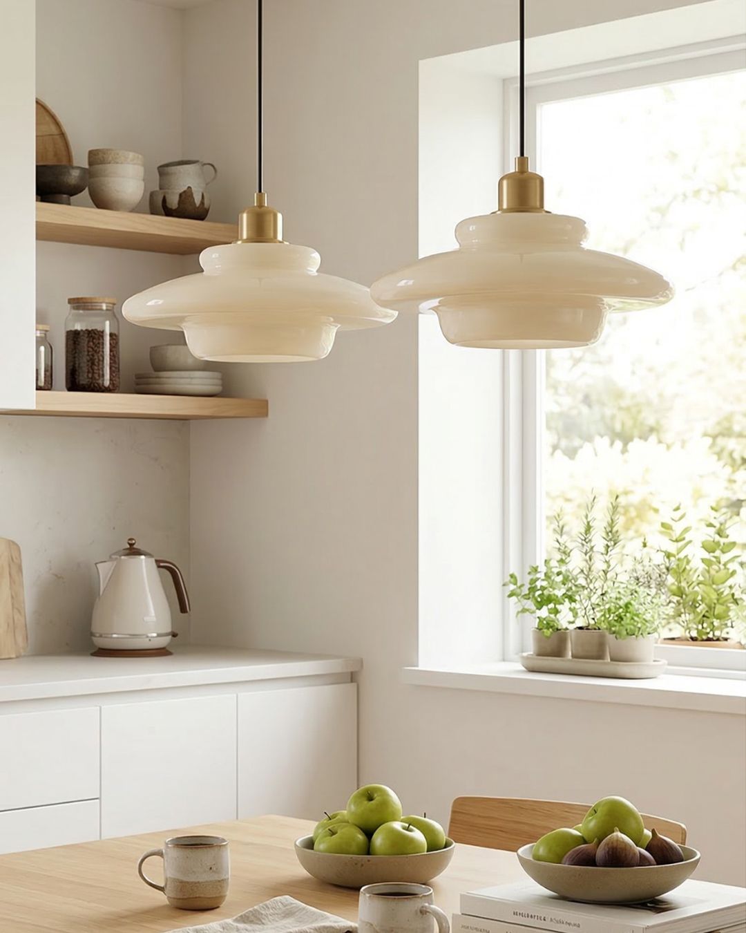 TINA Hanglamp – Mid-Century Melkwit Glas met Geborsteld Messing | Moderne Eetkamer & Keukenverlichting | Verstelbaar | E27 Fitting | Sansoti