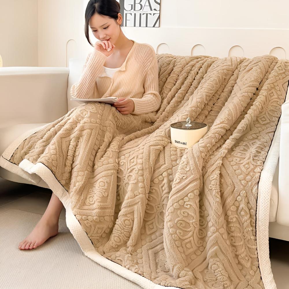 Double-Sided Sherpa Throw with Mandala Pattern 120-230cm Embroidered Design Blanket Bedroom Living Room | Sansoti