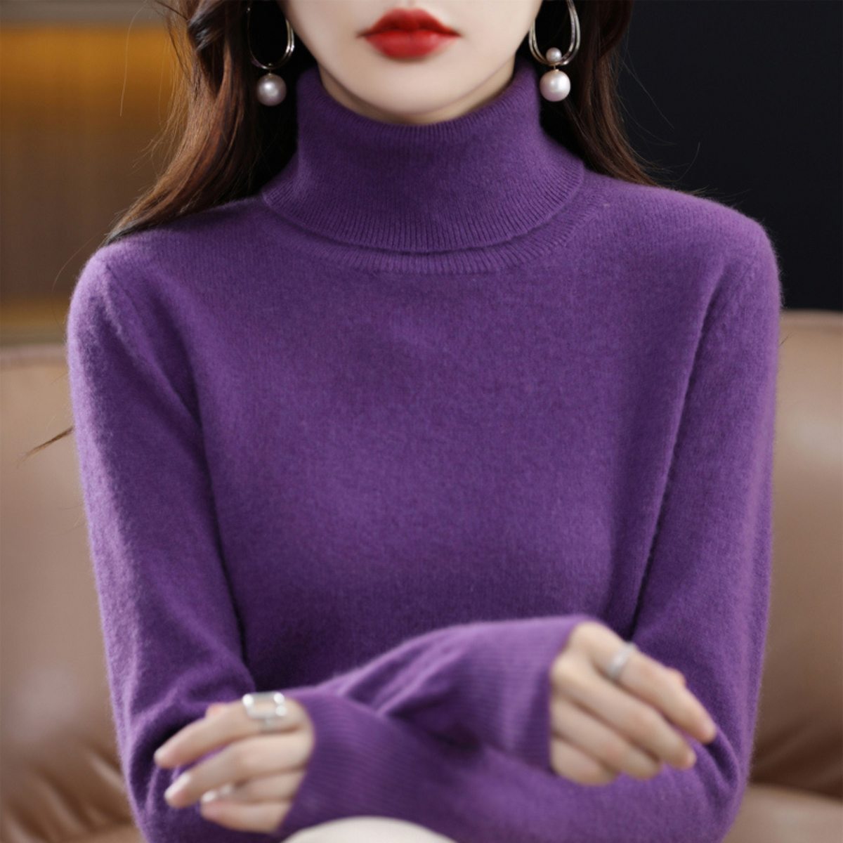 Jersey de cachemira de punto con cuello alto para mujer Negro Blanco Gris Rosa Lila Rojo Azul Marrón Básico elegante de otoño e invierno | Sansoti