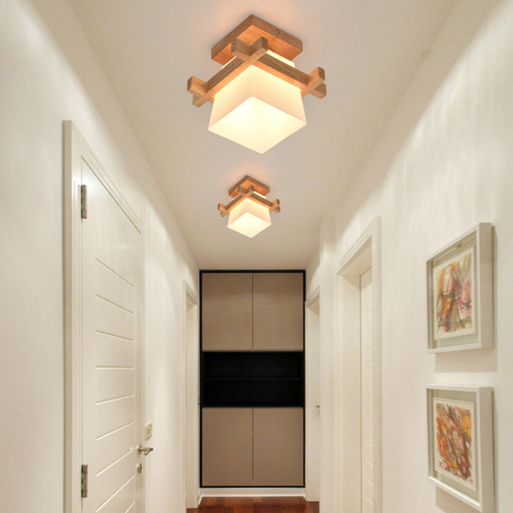 Plafonnier LED bois E27 blanc Japandi hall chambre salon 20 cm plafonnier carré style japonais | Restfield