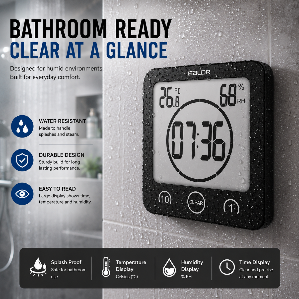 Waterproof Bathroom Clock with Suction Cup 10cm Shower-Resistant Time Display for Damp Spaces Shower Bath Sauna | Sansoti