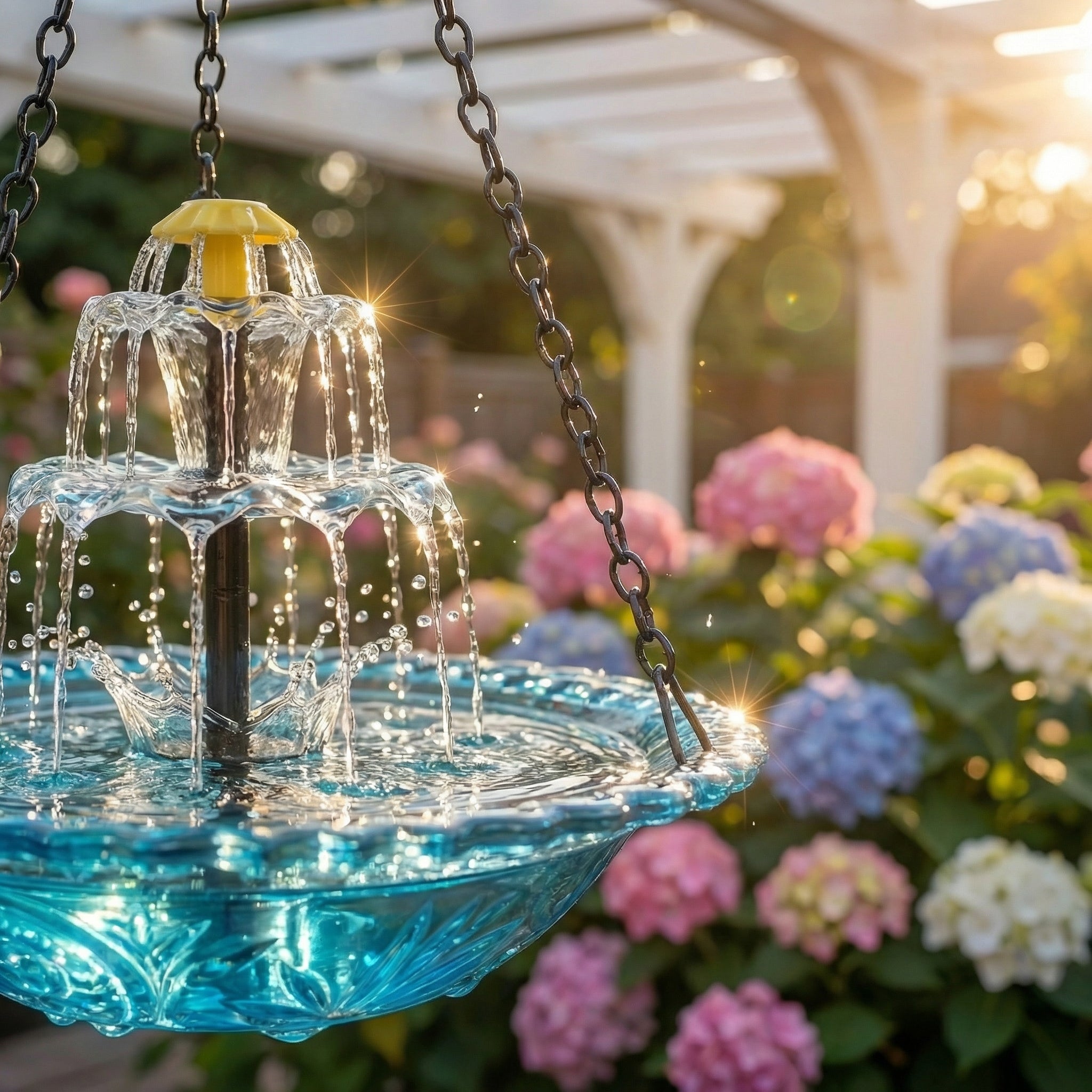Hangende Vogelbadwaterfontein op Zonne-energie Tweeniveaus Glas Metaal voor Tuin Terras Balkon | Sansoti