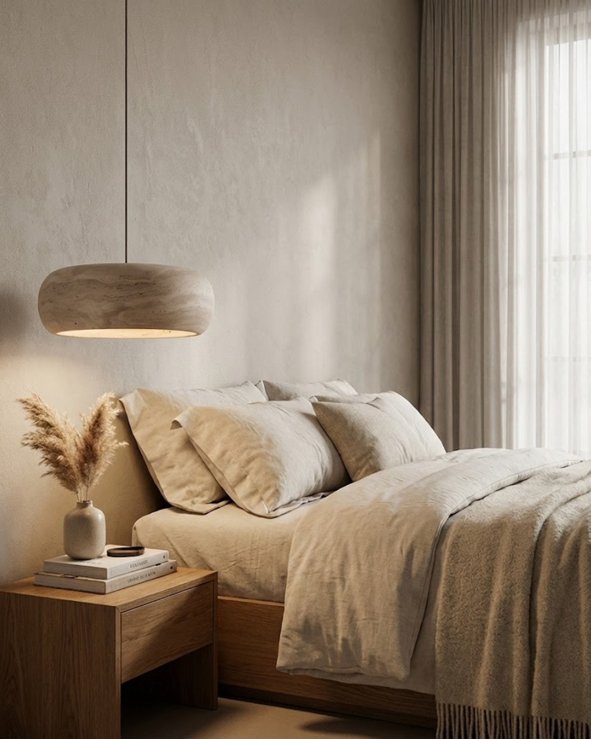 Vintage Hanglamp Crème Steentextuur Wabi Sabi Design | Scandinavische Eetkamer Verlichting Natuurlijke Sfeer Minimalistisch Interieur | Sansoti