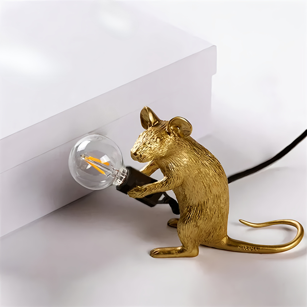 Decoratieve Tafellamp met Dierenfiguur – Hars – Gouden en Witte Muis – E12 – Warme Sfeerverlichting voor Woonkamer Slaapkamer Kantoor | Sansoti