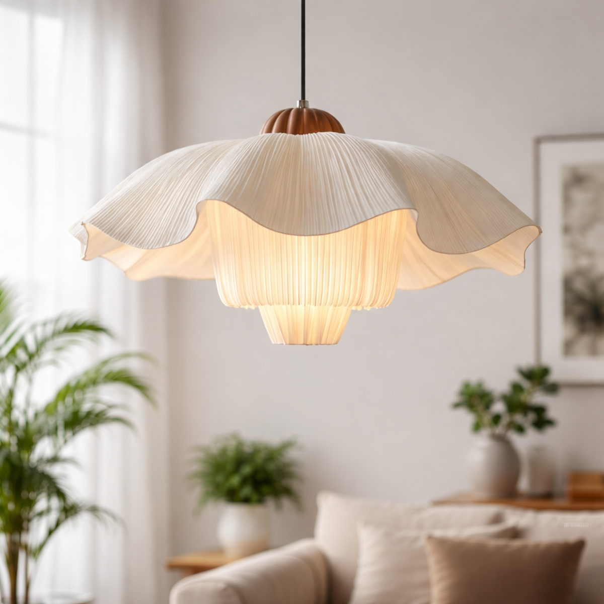 Hanglamp Bloemvorm Crèmewit Textiel Organische Vorm Romantische Verlichting Slaapkamer Eetkamer Woonkamer | Sansoti