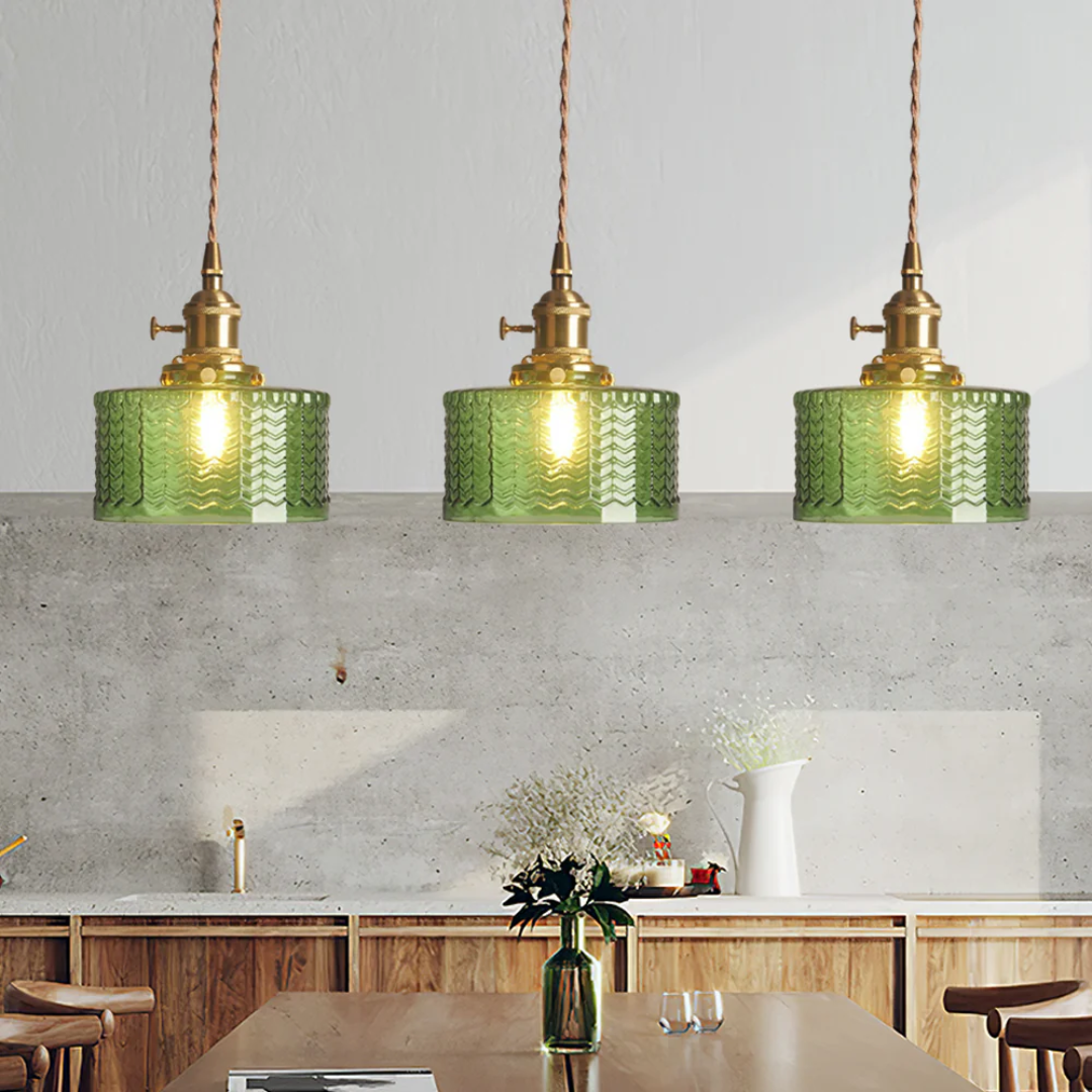 Quilivon Hanglamp Glas Messing Groen E27 Keuken Eettafel Retro Verlichting Geribbeld Glas Design | Sansoti