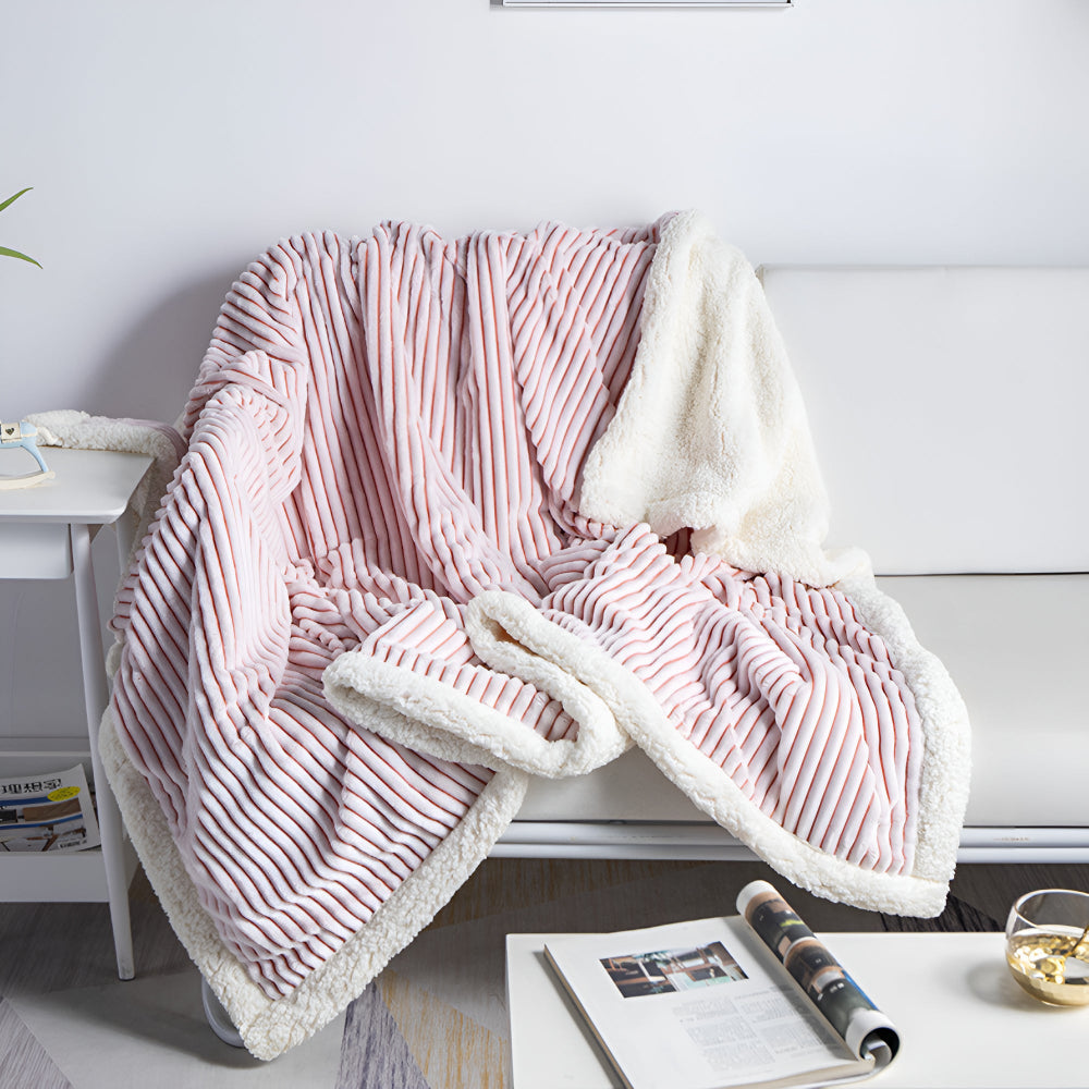 Double-Sided Sherpa Fleece Throw with Striped Pattern 150x200 cm Microfiber Blanket Warmth Soft Comfort Living Room | Sansoti