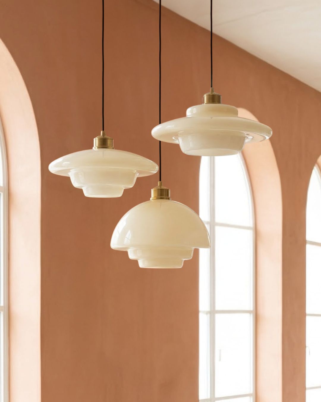 TINA Hanglamp – Mid-Century Melkwit Glas met Geborsteld Messing | Moderne Eetkamer & Keukenverlichting | Verstelbaar | E27 Fitting | Sansoti