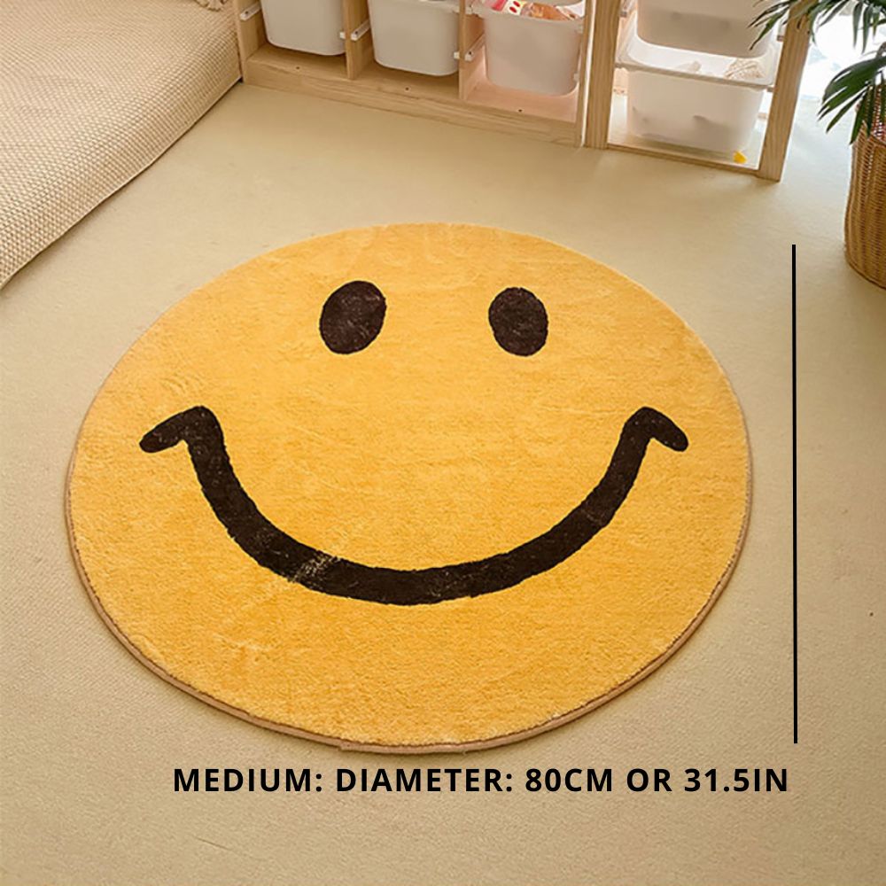 Rond Vloerkleed met Smiley Emoticon Geel Zacht Fleece 60-100 cm Speels Accent Kinderkamer Woonkamer Vrolijk | Sansoti