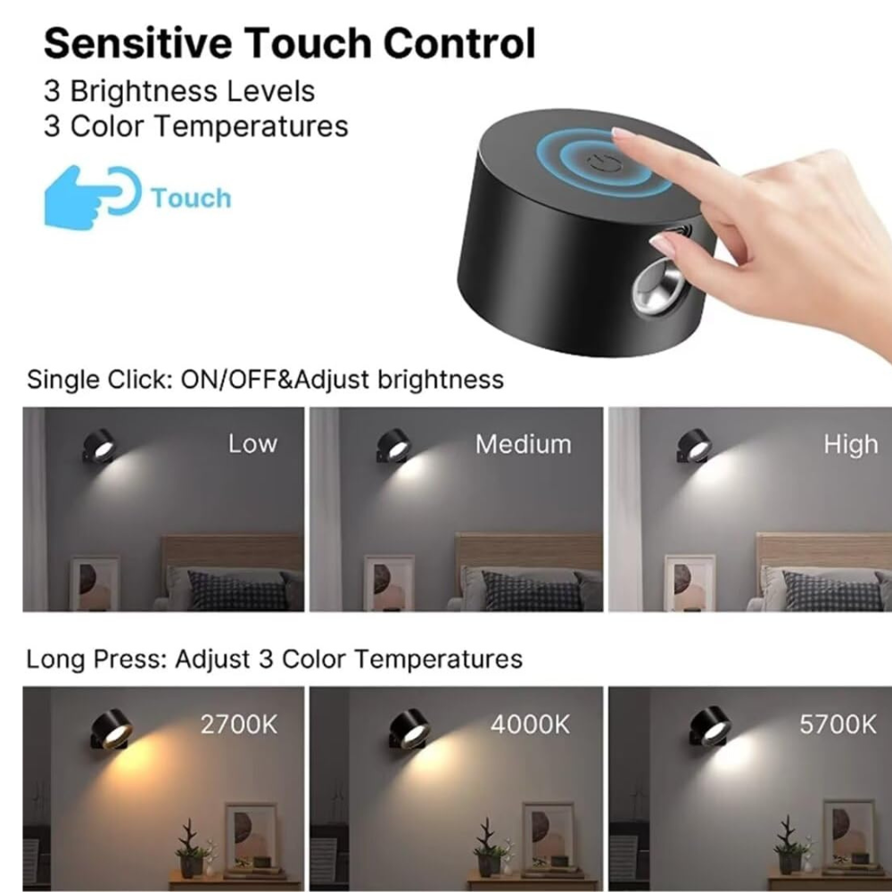 Applique murale magnétique rechargeable sans fil avec télécommande, pivotante à 360°, LED cylindrique à intensité variable, éclairage d’ambiance | Sansoti