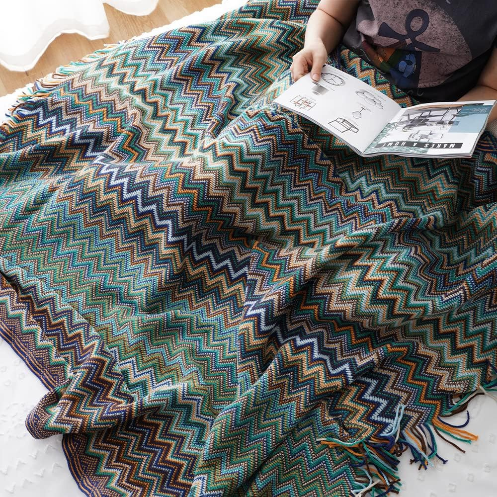 Knitted Throw with Zigzag Fringes – Soft Crochet Blanket for Sofa and Bed, All Seasons, Bohemian Style | Sansoti