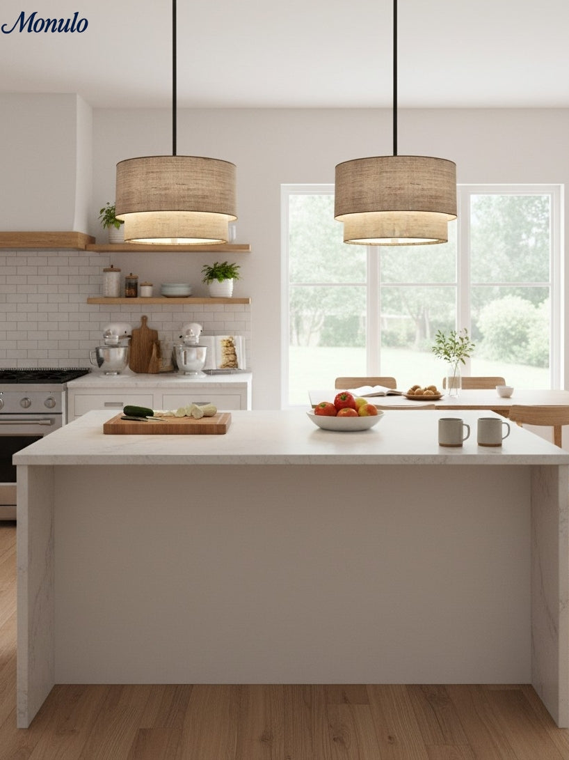 Dubbele Stoffen Drum Hanglamp – Moderne Gelaagde Kap Plafondlamp voor Eetkamer Woonkamer | Sansoti