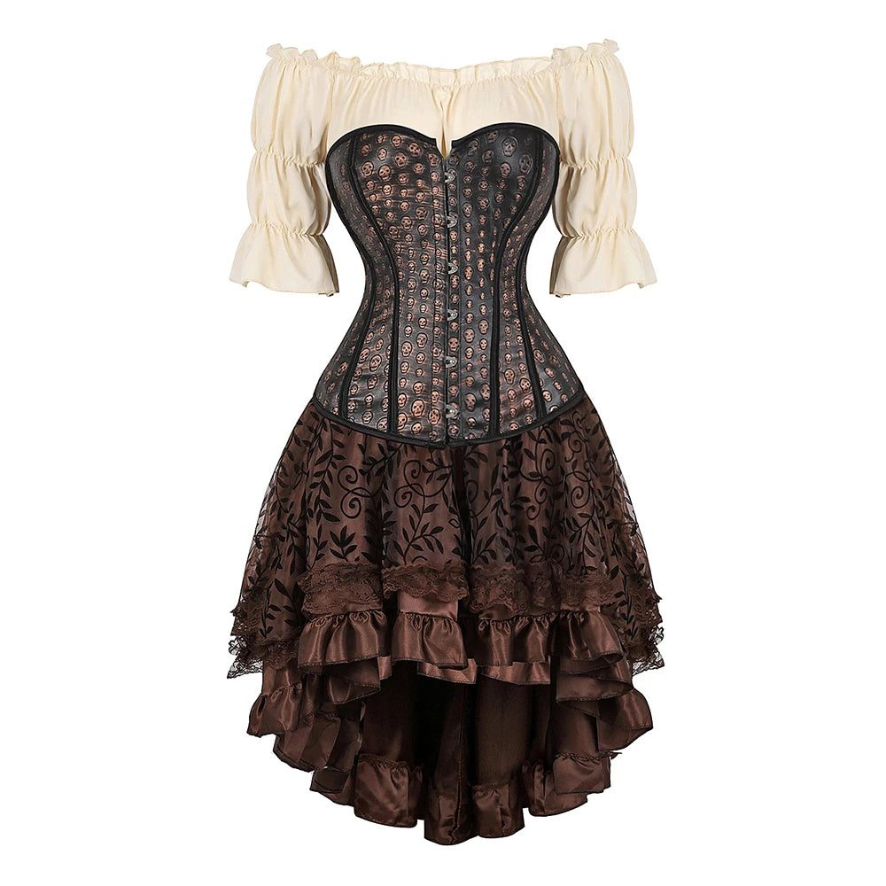 Pirate Corset Costume Set Faux Leather Off-Shoulder Blouse Layered Skirt Steampunk Gothic Halloween Costume | Sansoti