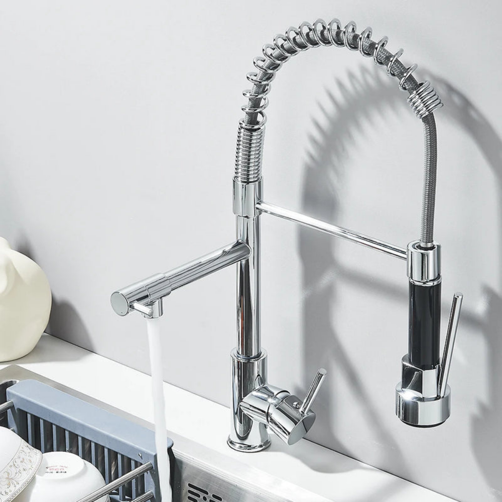 Robinet de cuisine extensible chromé à bec orientable, eau chaude et froide, douchette flexible, mitigeur de cuisine | Sansoti