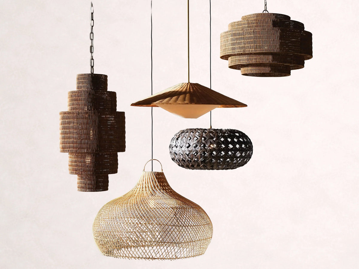 Lustre en rotin tressé, structure en fer à plusieurs niveaux, hauteur réglable, suspension pour éclairage de salle à manger et de salon | Sansoti