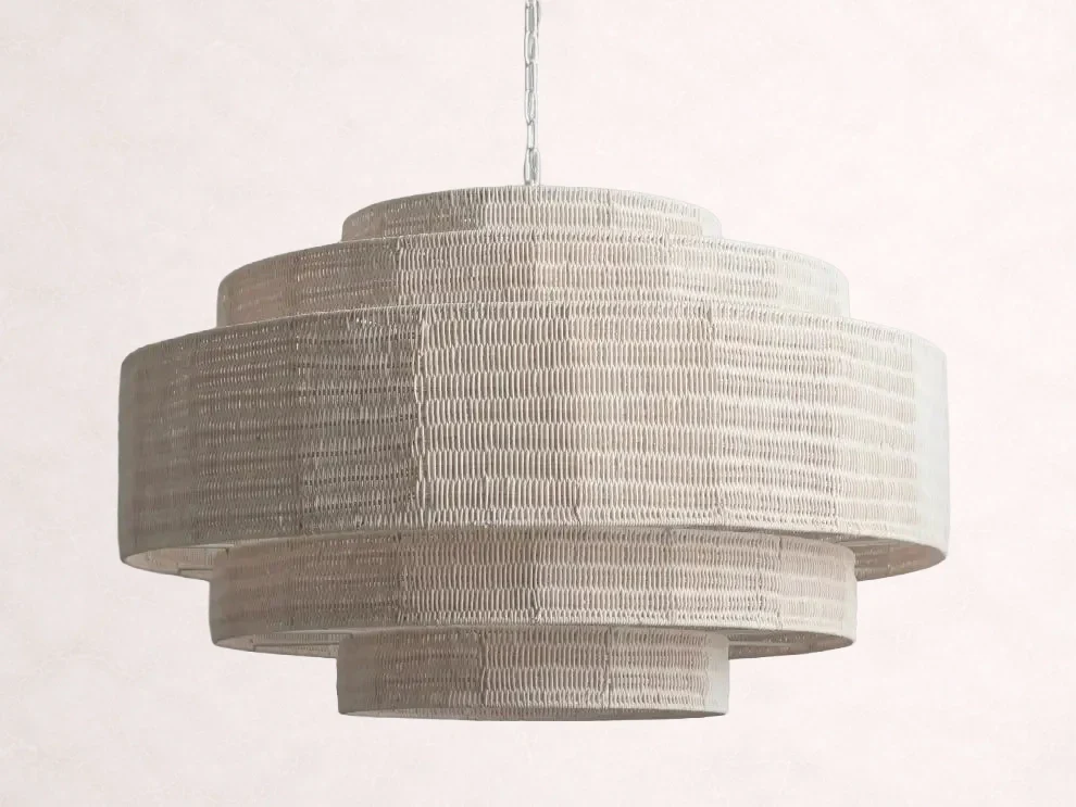 Lustre en rotin tressé, structure en fer à plusieurs niveaux, hauteur réglable, suspension pour éclairage de salle à manger et de salon | Sansoti