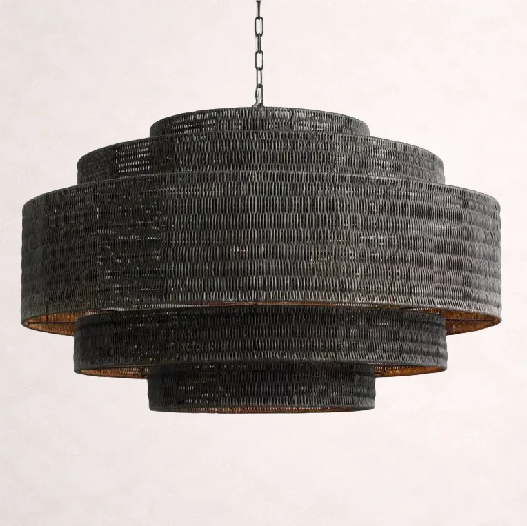 Lustre en rotin tressé, structure en fer à plusieurs niveaux, hauteur réglable, suspension pour éclairage de salle à manger et de salon | Sansoti