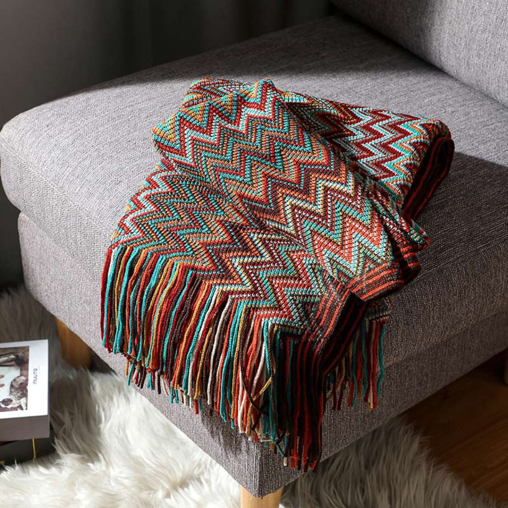 Knitted Throw with Zigzag Fringes – Soft Crochet Blanket for Sofa and Bed, All Seasons, Bohemian Style | Sansoti
