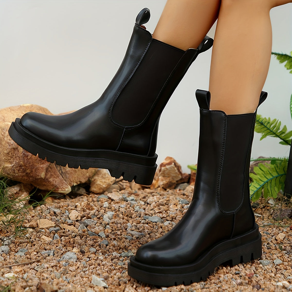 Kniehohe Stiefel Schwarz Damen Elastischer Verschluss Chunky-Absatz Winterstiefel Elegant Reitstiefel Bequem | Sansoti