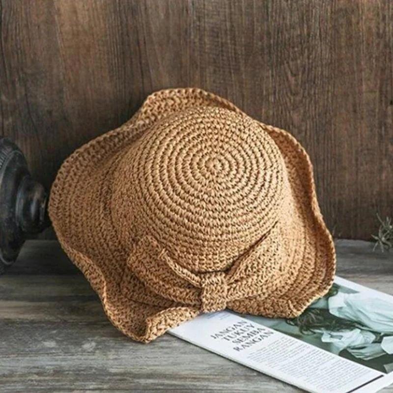 Zomerhoed met Strik en Brede Rand Dames Zonbescherming Strandhoed Ademend Katoen Khaki Beige Bruin Vakantie | Sansoti