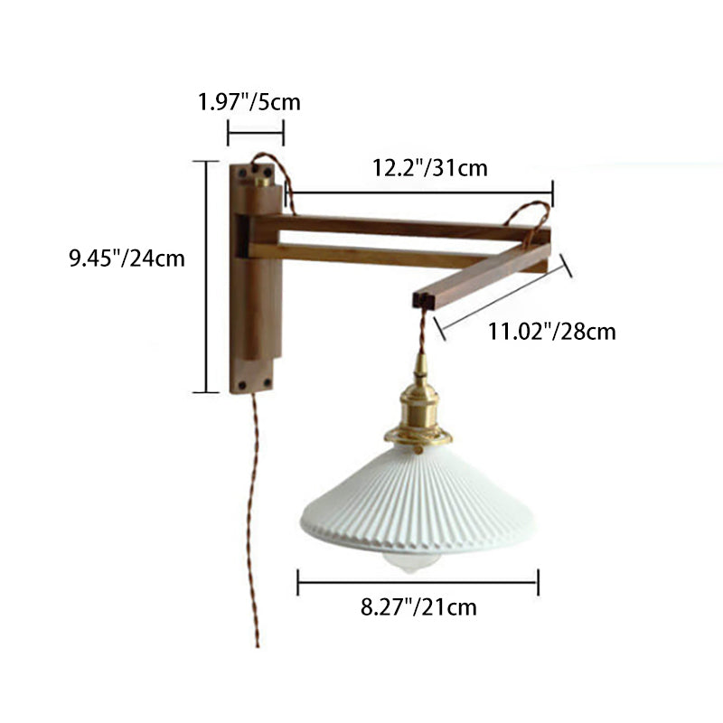 Wandleuchte Holz Glas Plissierter Schirm E26 Flur Wohnzimmer Schlafzimmer Ausziehbar Schwenkarm Messing Retro Japandi Stimmungslicht | Restfield